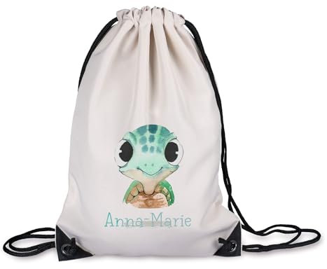 timalo® Kinder Turnbeutel personalisiert mit Namen | Sportbeutel bedruckt | süße Tiermotive | Kindergarten Stoffbeutel Geschenke Mädchen Jungen | 04- Schildkröte