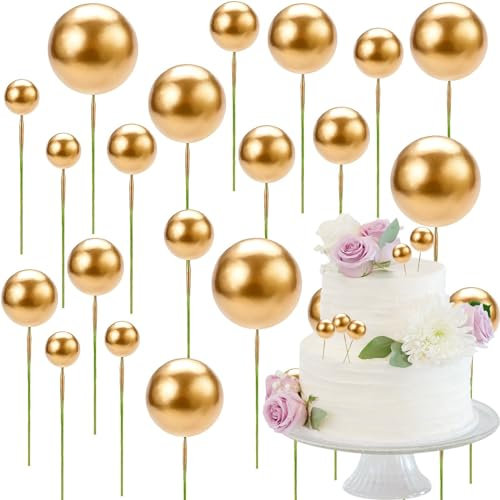 Gold Balls for Cakes, Round Ball Cake Toppers, Cake Balls 41 PCS Craft DIY Bakeware Decorating Tools for Birthday Party Wedding Supplies Baby Shower Decor,round Foam Mini Cupcake Toppers.
