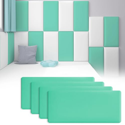 3D Anti-Collision Wall Padding for Kids, 4 PCs 40x20cm Self-Adhesive Peel and Stick Headboard Panels, Soft Upholstered Wall Protectors for Bedroom Living Room Playroom (Mint Green)