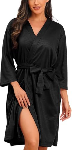 Lovasy Bademantel Damen Waffelpique 3/4 Ärmel Saunamantel Waffelstrick Morgenmantel Weich Leicht Knielang Loungewear mit Gürtel Taschen,Schwarz,XXL