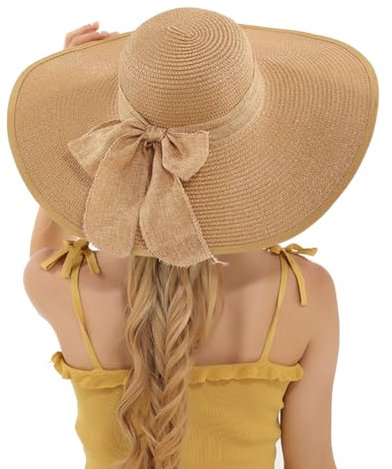 TUPANDY Womens Beachwear Sun Hat Wide Brim Summer Straw Hat Foldable Roll-Up Straw Beach Hat Summer Hat (Khaki)