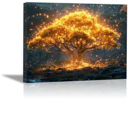 JOSUE Tableau Sur Toile Arbre De Vie Arbre abstrait Tableau Salle De Bain Sur Toile,Or, noir Decoration Murale Salle De Bain Bureau Salon Cuisine- 50x70cm Encadrée