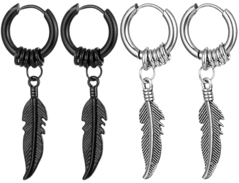 2 Paar schwarze Herrenohrringe, Federohrringe,Titan Edelstahl Creolen Ohrringe Feder für Herren Damen,Ohrringe Männer Creolen, Silber Ohrringe Creolen mit Anhänger Herren Damen