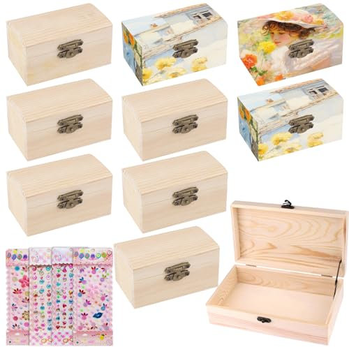 PRITOK Mini Schatztruhe Schatzkiste Holz: 10 Stücke Schatztruhe Kindergeburtstag mit 4 Aufkleber Glitzer, Holzschatulle Holzkiste mit Deckel, Geschenkbox für Basteln Piratenparty Geburtstags DIY