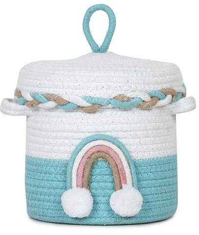 Kalakriti Gewebte dekorative Aufbewahrungskörbe aus Baumwollseil, Spielzeug-Organizer, Geschenkkorb, rund, mit Deckel, Regenbogen-Muster, Blau und Weiß, 1 Stück