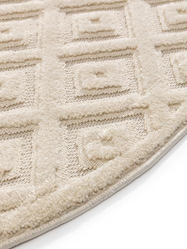 benuta Basic Teppich Leo - Creme 160 cm Rund - Abstrakter Relief-Teppich für Wohnzimmer, Schlafzimmer & Flur - Pflegeleicht - Fußbodenheizung Geeignet