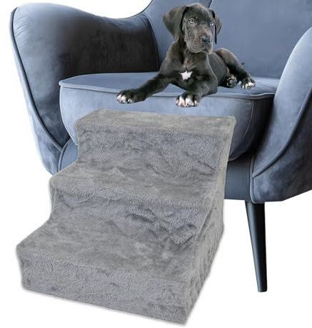 TRUTZHOLM Haustiertreppe 3 Stufen 46x36x35 cm 75 kg Tragkraft waschbarer Plüschbezug niedrige Stufenhöhe 11,5 cm in grau robuste Hundetreppe Katzentreppe Hunderampe gelenkschonend