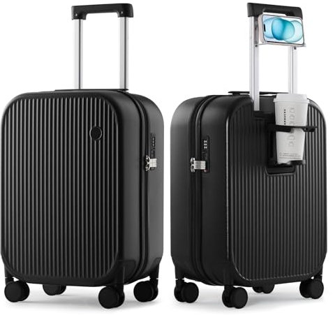 mixi Gepäck mit Getränkehalter, Hartschale, Rollkoffer mit Spinner-Rädern, Schwarz, 20-inch, Modisch und multifunktional