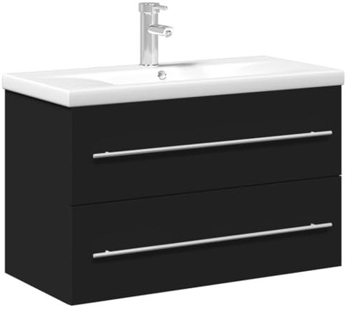 vidaXL Mueble de Baño con Lavabo Integrado, Armario Flotante para Lavamanos, Aparador para Fregadero, Almacenamiento para Hogar, Negro