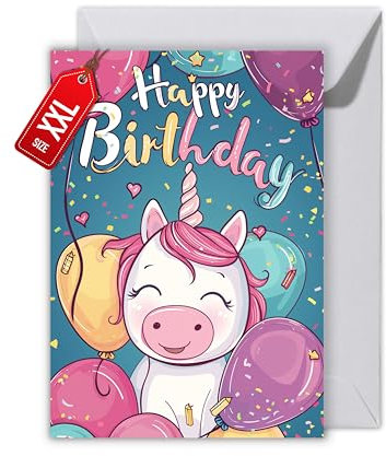 WBdesignz Geburtstag Karte mit Umschlag - Einhorn Geburtstagskarte Mädchen Happy Birthday Glückwunschkarte zum Geburtstag Kinder (XXL DIN A4)
