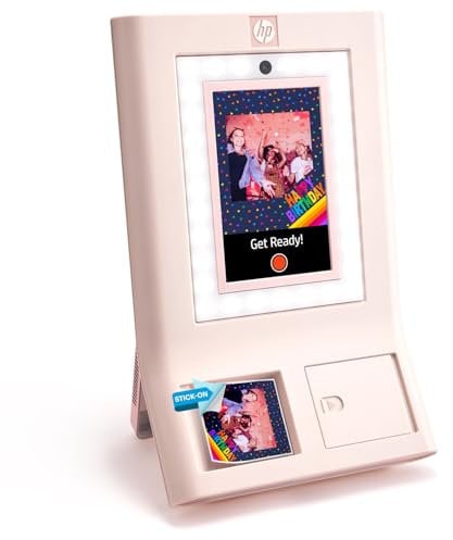 HP Sprocket Photo Booth Machine Instant Color Photo Printer - 10.1 Touchscreen, LED Ring Light - Customize w/250+ Fun Frames, Prints on 3x4 Zink Paper or Share via QR Code, Mobile Notify App -Pink