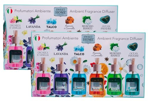 2x Confezione Regalo Da 6 Profumatori Ambiente Con Bastoncini Da 30ml, Con Fragranze Classiche: ORCHIDEA & VANIGLIA-LAVANDA-TALCO-ARANCIA E CANNELLA-MUSCHIO BIANCO-OCEAN PARADISE