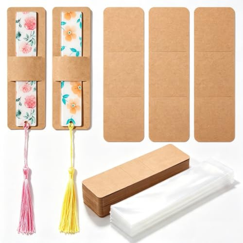 Kraft-Lesezeichenhalter-Set, 200 Stück, DIY Leere Lesezeichenhüllen Zum Verpacken von Präsentationskarten, Kraft-Lesezeichenhüllen, Transparente Selbstklebende Tasche für