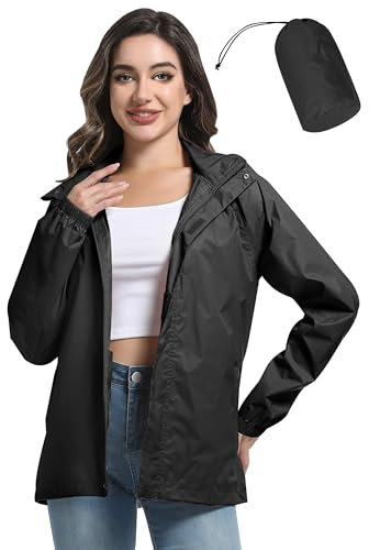 ATLASLAVA Regenjacke Damen Dünne Faltbar Fahrradjacke Wasserdicht Leicht Outdoorjacke mit Kapuze Fahrrad Wandern Schwarz M