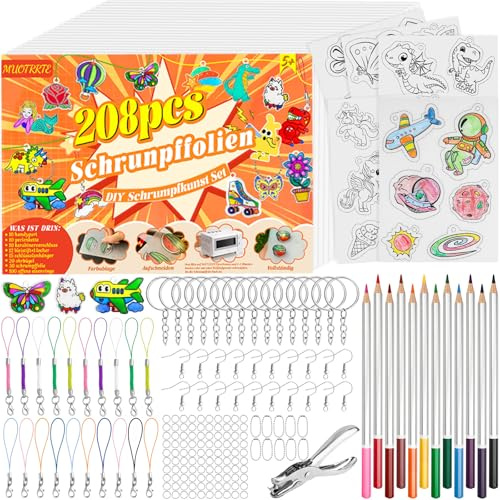 Gushu 208 Stück Schrumpffolie Set, Schrumpffolie Set Schlüsselanhänger zum Bastelset 30 A5 Schrumpffolie,165 Schlüsselanhänger-Zubehör,Locher,12 Buntstifte,Kinder Handgemachte DIY-Dekoration