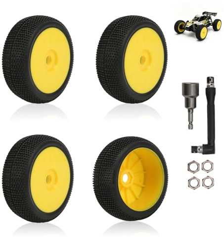 equlup RC-Vorder- und Hinterreifen sowie Felgen, 4-teiliges RC-Auto-Tuning-Set mit 17-mm-Sechskantfelgen und Gummireifen für 1/8-RC-Offroad-Renntrucks (gelb)