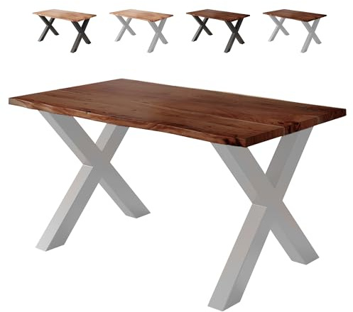 Loreno Esstisch 140×80×77cm Vento Akazie Nussbaum – X-Gestell Silber | Massiver Akazienholztisch nussbaumfarben mit 26mm starker Tischplatte – Perfekt für Esszimmer und Küche
