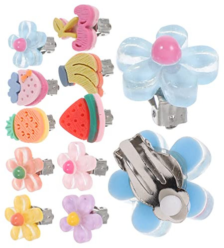 LOPUNER 10Paare Clip Ohrringe für Mädchen Süße Ohrclips ohne Ohrlöcher Blumen und Fruchtdesign Perfektes Schmuckzubehör für