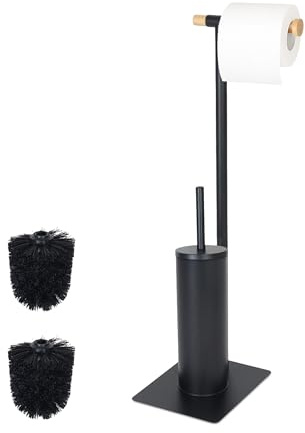 Relaxdays toilet set, HxWxD: 67 x 18 x 21 cm, steel & bamboo, freestanding toilet brush and paper holder, black/natural