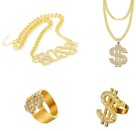 4 PCS 90s Fancy Dress Hip Hop Costume Kit - Hip Hop Costume for Women, Men, Party Supplies BOSS Fake Gold Chain Dollar Necklace for Masquerade Party Carnival Rapper Concert