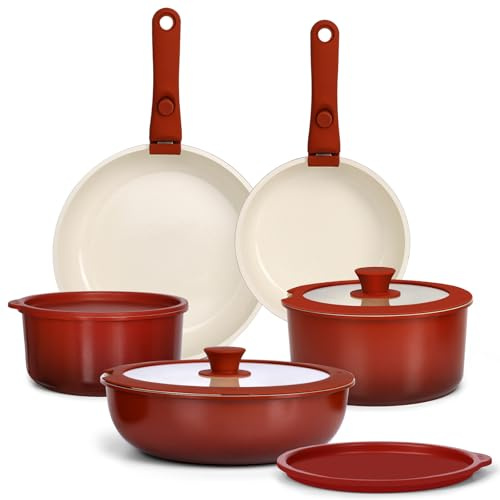 GiPP 11PCS Pots and Pans Set Non Stick with Detachable Handle | Granite Nonstick Coating, PFAS PFOA Free, Induction Compatible, Oven Safe, RV Space-Saving Design(Red Gradient,11PCS)