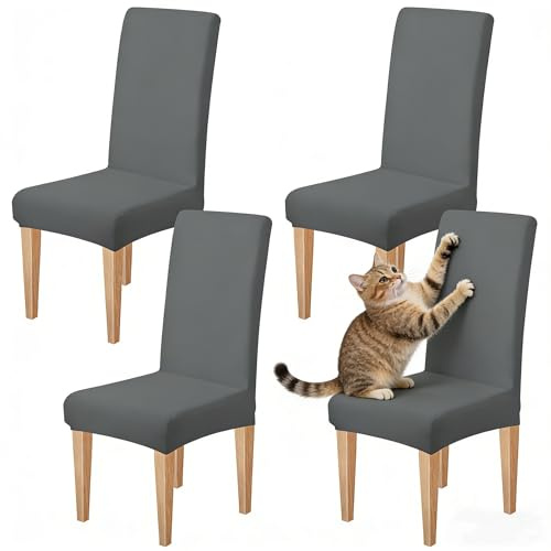 Dioxide Stretch Stuhlbezüge,Hussen für Stühle, Stuhlhussen 4er Set,Grau | Dehnbar, Rutschfest, Pillingbeständig, Atmungsaktiv und Strapazierfähig, Bänder Elastisch, Abnehmbar und Maschinenwaschbar