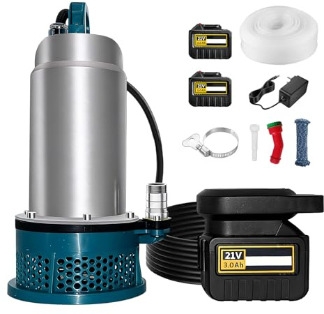 Bomba Sumergible, 5000 L/H Bomba de Agua Sumergible a Batería con Manguera de 10m, Cable de Conexión de 5m,Batería de 21V y Cargador, Ideal para Piscina, Cama de Agua, Riego de Jardines