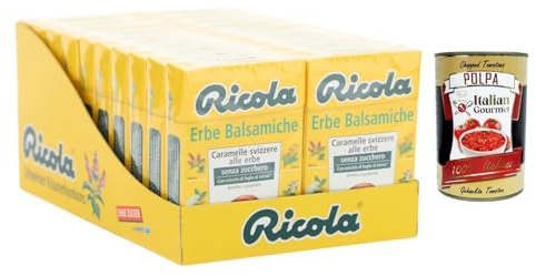 Italian Gourmet Kräuterbonbons Erbe Balsamiche ohne Zucker – 20x 50g Vorratspack Schweizer Alpenkräuter Bonbons mit Stevia, wohltuend & mild, ideal für Alltag, Büro & Reise + Italian Gourmet Polpa