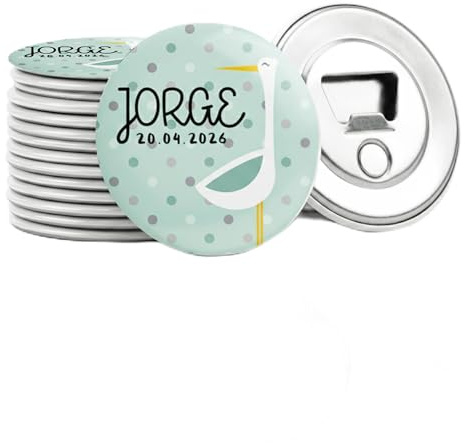 MISS CHAPAS | Pack 20 Abridores Magnéticos Personalizados Bautizo Cigüeña Verde Mint – Detalle Invitados Bautismo Bebé Niño | Recuerdo Original y Útil | Presentación Individual Lista para Regalar