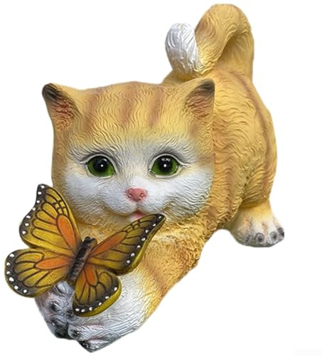 Outdoor Garten Katze Statue mit solarbetriebenem Schmetterlingslicht aus wetterbeständigem Harz für Rasen und Terrasse Dekoration (gelbes Kätzchen)