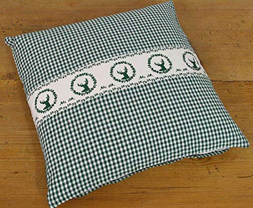 Kissen-Bezug in 40x40 cm für Deko-Kissen Sofa-Kissen - Baumwolle Kissen-Hülle RESI im Landhaus-Stil Hirsch grün weiß kariert - Waschbarer Reißverschluss Zierkissen-Bezug für Couchkissen