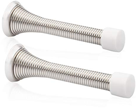 2 Pack Spring Door Stops Brushed Satin Nickel- 3 ⅛ Flexible Spring Door Stopper with White Rubber Bumper Tips …
