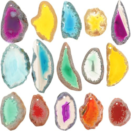 IMIKEYA 15 Stück Achat Scheiben mit Loch: Bunte Natürliche Edelsteine Scheiben gebohrt Achatscheibe DIY Zubehör für Schmuck Machen Windspiel Anhänger Dekoration