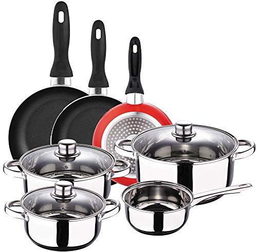 San Ignacio Batería 7 piezas Cassel y Set 3 sartenes Ø16/Ø20/Ø24 cms rojo, aluminio prensado, antiadherente, inducción