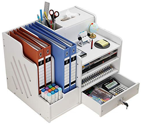 White Desktop Organizer, Multipurpose Desk Document File Tray Organizer Storage Display Shelf Rack for Home Office School(PB07-2)