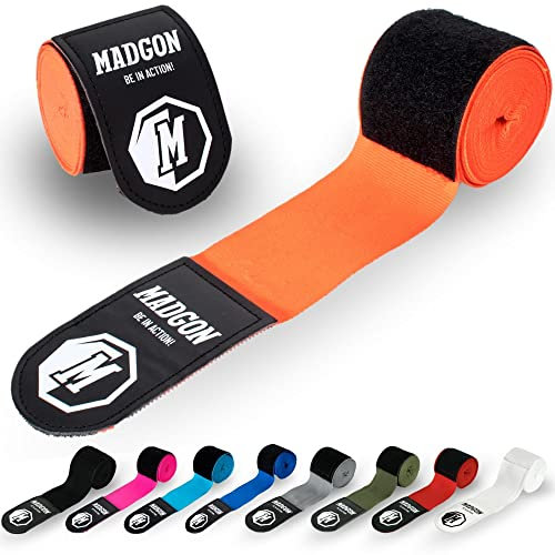 MADGON Bandes Boxe Auto-Agrippantes avec Passe-Pouce de Qualité Supérieure - 3 m / 3,8 m / 4,5 m - Bandages Boxe pour MMA, Boxe, Kick-Boxing, Entraînements - Absorption Optimale de la Sueur