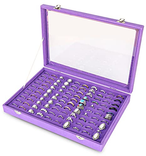 Frebeauty Ring Organizer Tablett 100 Slots Ring Halter mit klarem Deckel Samt Ring Aufbewahrungsbox Ring Tablett für Juweliergeschäft Ring Display Case für Schmuck Show Ring Box für Frauen(lila)