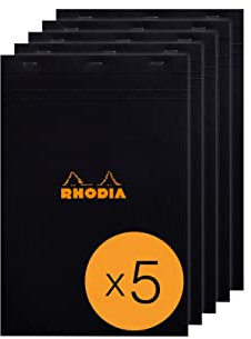 RHODIA 192009Cpack - Bloc-Notes Agrafé N°19 Black - A4+ - Petits Carreaux - 80 Feuilles Détachables - Papier Clairefontaine 80 g/m² - Couverture en Carte Enduite - Paquet de 5 blocs
