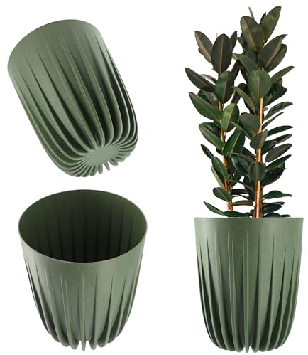 KADAX Blumentopf aus Kunststoff mit Naturmaterialien, Moderne Pflanztöpfe, Pflanzentopf mit geometrischem Muster, runder Blumenkübel mit Einsatz, Naturblumentopf, Hochübertopf (∅ 14,5 cm, Dunkelgrün)
