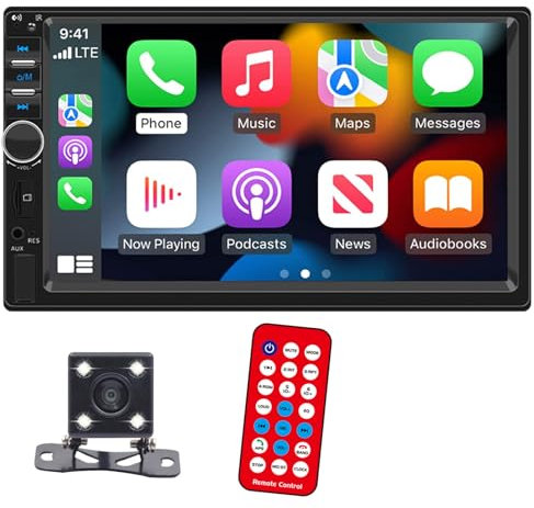 7 2 DIN AutoRadio Carplay Android Auto Bluetooth Mirror Link Pantalla táctil Audio Estéreo MP5 Reproductor Multimedia Volante FM/TF/USB con Control Remoto y cámara de visión Trasera