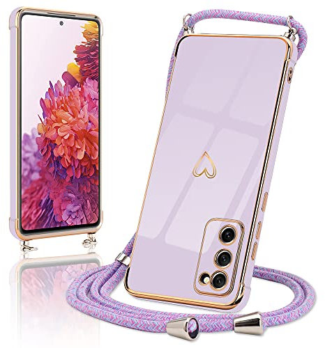 Micoden Handykette kompatibel mit Samsung Galaxy S20 FE 4G/S20 FE 5G Ultra dünn Kameraschutz Herz Love Design Galvanik TPU Silikon Bumper Kordel zum Umhängen Handyhülle mit Band Schutzhülle,Lila