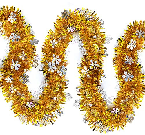 JSRHEEM 3 Stücke Weihnachtsgirlande, 2M Weihnachten Lametta Girlande mit Schneeflocke,Metallic Garland Glitzernde Hängende Dekoration für Weihnachtsbaum Kranz Hochzeit Party Gold