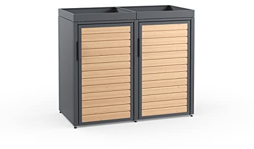 MEISTERBOX Forst - 2er Mülltonnenbox - Mülltonnenverkleidung mit Pflanzdach - Mülleimerunterstand 120L - Holzelemente