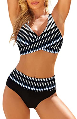 Minetom Femme Vintage Deux Pièces Push Up Bikini Set Ensemble Imprimé Floral Maillots de Bain Taille Haute Triangle Swimwear J Blanc XL