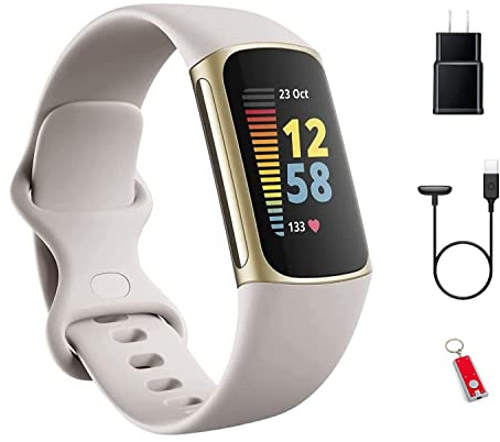 Fitbit Charge 5 Advanced Fitness & Health Tracker Bundle mit Ladekabel, Ladestecker und One Size Infinity Band - S/L (Mondweiß/Soft Gold)