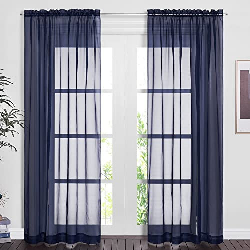 PONY DANCE Dark Blue Voile Curtains 60x84 inches - Living Room/Bedroom Window Net Curtains Slot Top Semi Transparent Voile Sheer Panels for Bedroom/Living Room, Set of 2, 60 Inch Wide