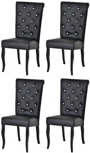 Casa Padrino Chesterfield Neo Barock Esszimmer Stuhl 4er Set Schwarz/Schwarz - Kunstleder Küchenstühle mit Glitzersteinen - Esszimmer Möbel - Chesterfield Möbel - Neo Barock Möbel