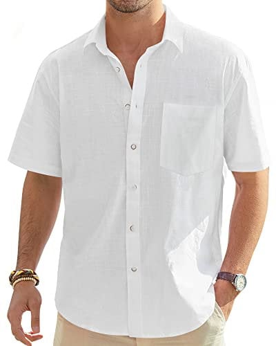 J.VER Mens White Linen Shirts Short Sleeve Summer Lightweight Cotton Regular Fit Casual Holiiday Beach Button Down Shirt with Pocket XL