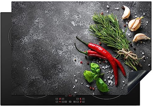 KitchenYeah© Herdabdeckplatte Einteilig Küche Ceranfeld Abdeckplatte Cerankochfeld Abdeckung Induktionskochfeld Schutzmatte Pfeffer - Kräuter - Gewürze - Beton - 78x52 cm