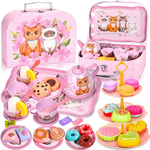 ZLPBAO Juego de té para niños de 50 piezas, Juego de té Infantil, Diseño de lindo gato Servicio de té Juguete, vajilla Infantil Juegos de Simulación de Cocina, Juguete Regalo para Niñas 3 4 5 6 7 años